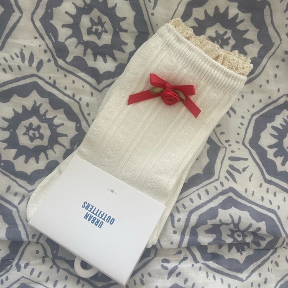 UO Urban Outfitters Rosette Pointelle Red Bow Socks - Picture 2 of 3